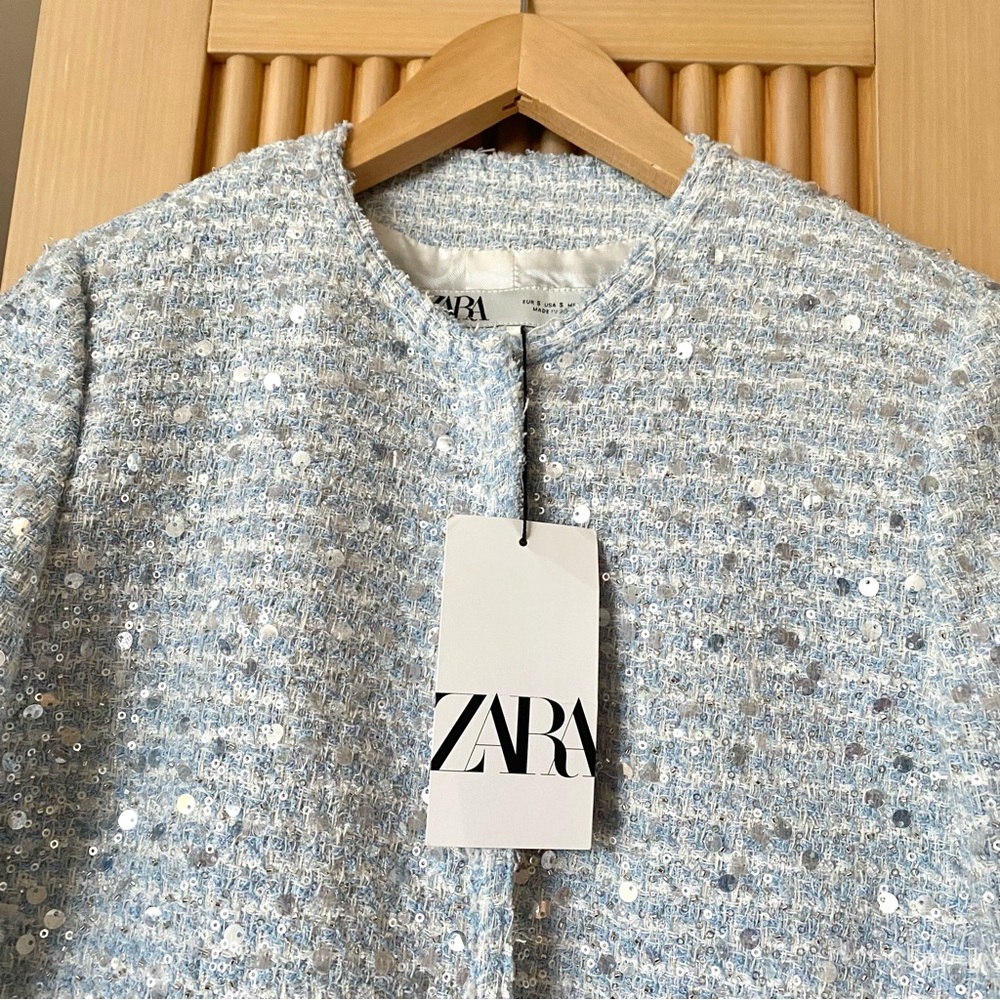 Zara textured tweed sequin blazer jacket blue sliver - Picture 6 of 12